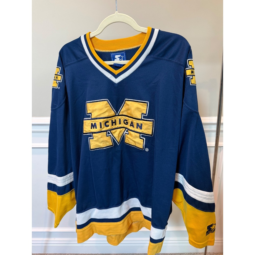 Vintage Starter Michigan Wolverines Hockey Jersey Mens XL Navy Blue Yellow NCAA